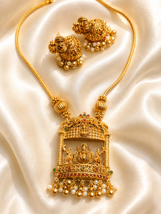 Lakshmi Temple Mandapam Pendant Necklace Set